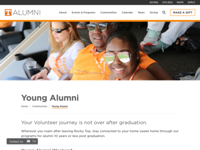 Screenshot of the Young Alumni page of the UT Alumni site.