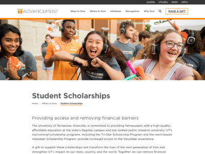 Screenshot of the UT Advancement Student Scholarships page.